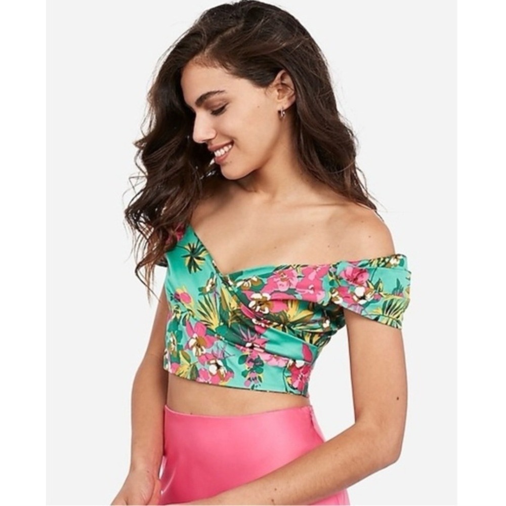 Express x Rocky Barnes Tropical Floral Off Shoulder Crop Top Beach Summer Small